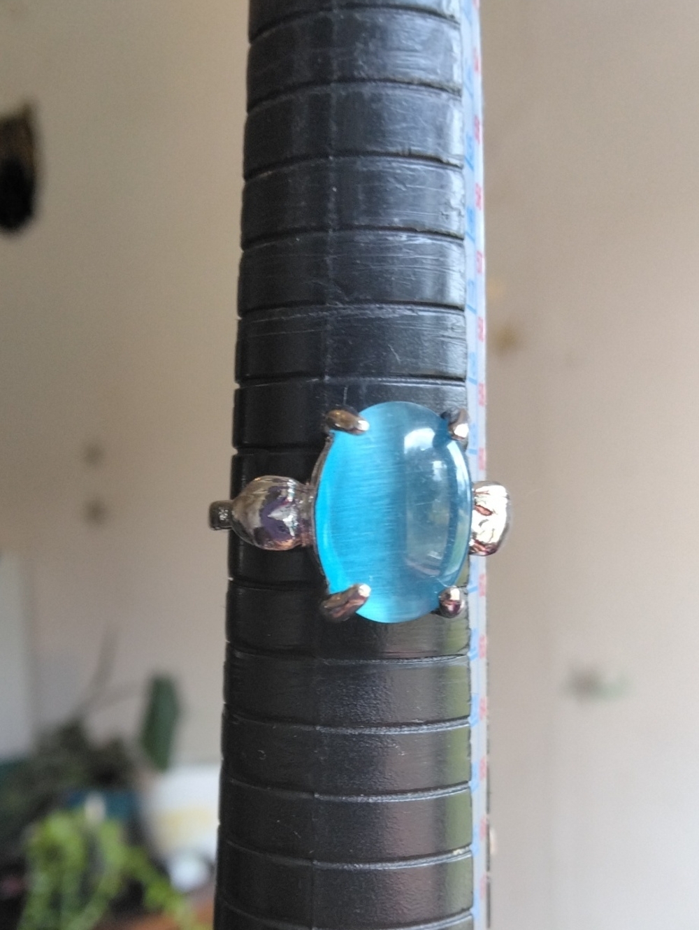 Blue Cats Eye Heart Silver Tone Ring